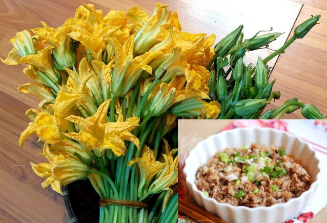 Ingredients to cook 3 delicious dishes from pumpkin flowers